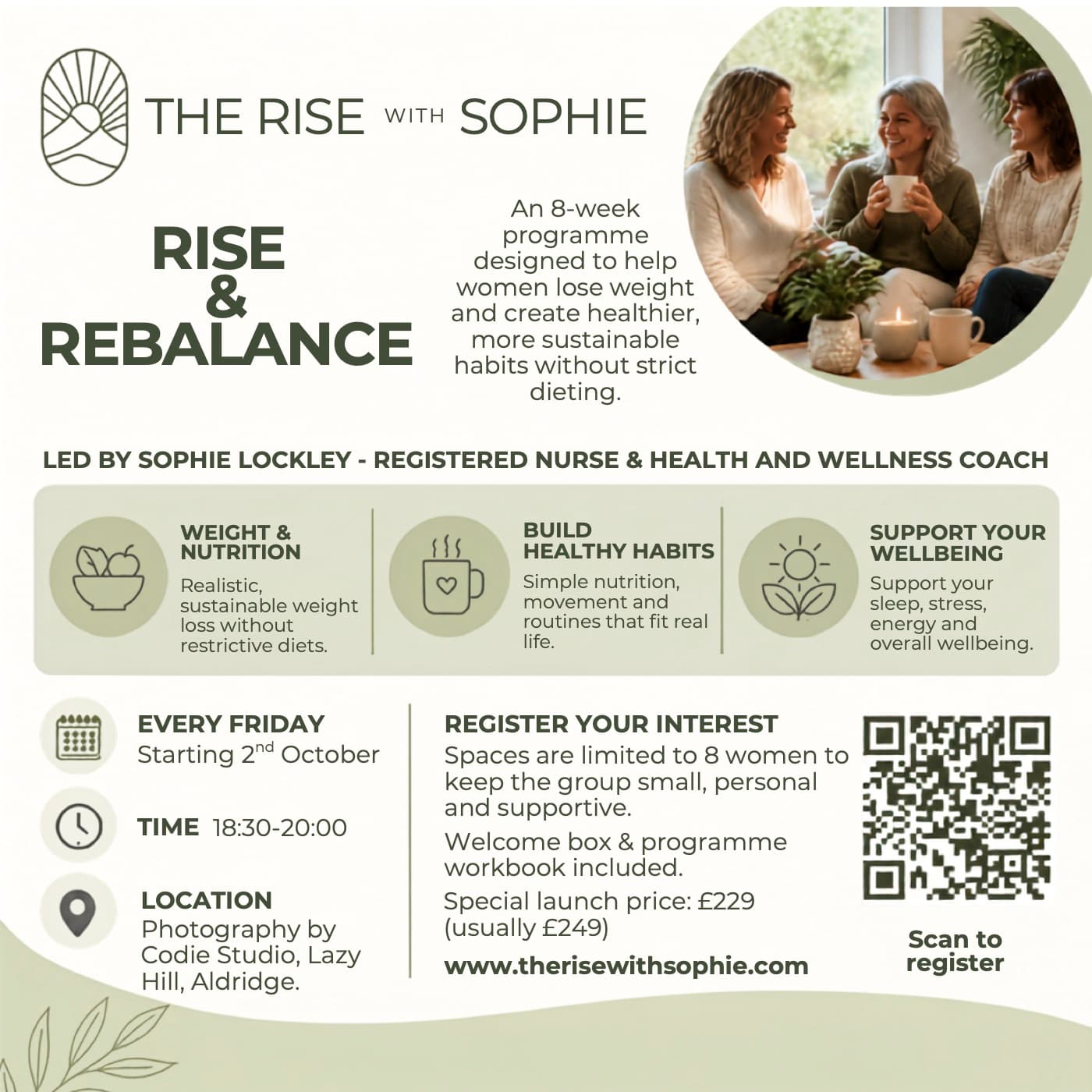 Rise and Rebalance flyer: an 8-week programme with Sophie Lockley, registered nurse and health and wellness coach, covering weight and nutrition, healthy habits and wellbeing.